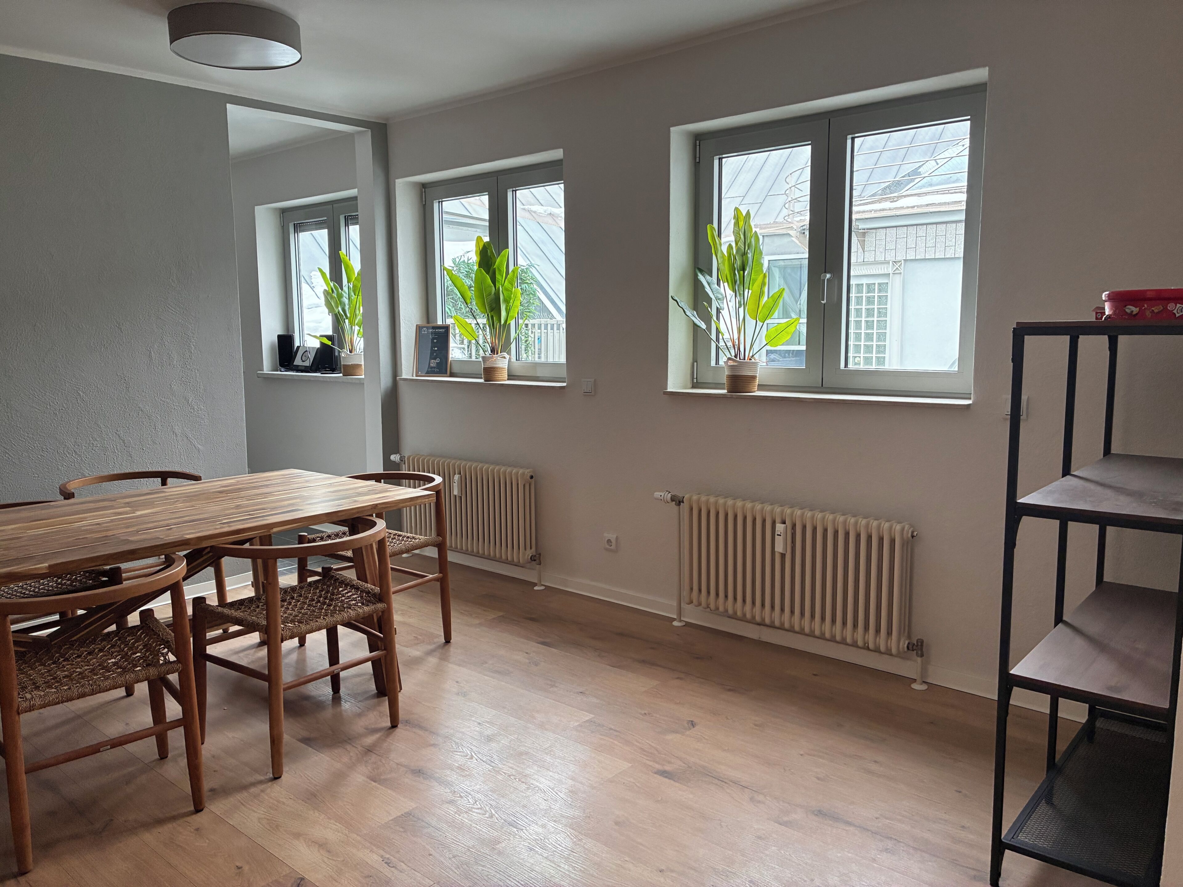 A dining area with a wooden table and chairs, potted plants on windowsills, and radiators on the floor.