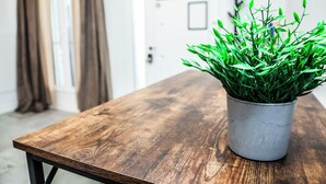 A wooden table with a potted plant in a metal pot. - Hotel Maruja in Cascorro. Madrid-Centro! 2 Bedrooms & private bathroom. A/C. Wi-Fi (Madrid)