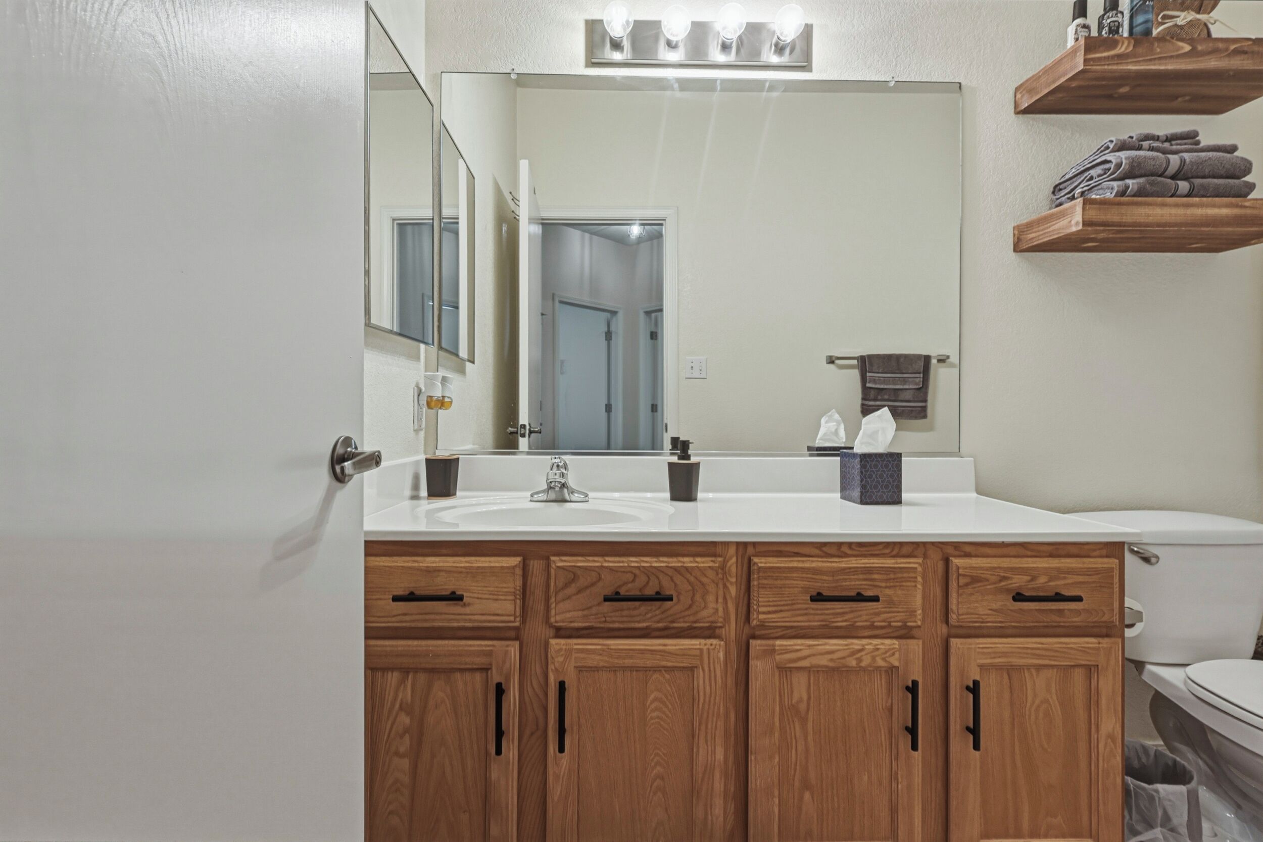 Hair dryer, towels, soap, toilet paper