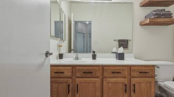 Hair dryer, towels, soap, toilet paper