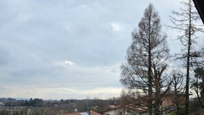 Ett bostadsområde med hus, en klar himmel och utsikt över landsbygden.
