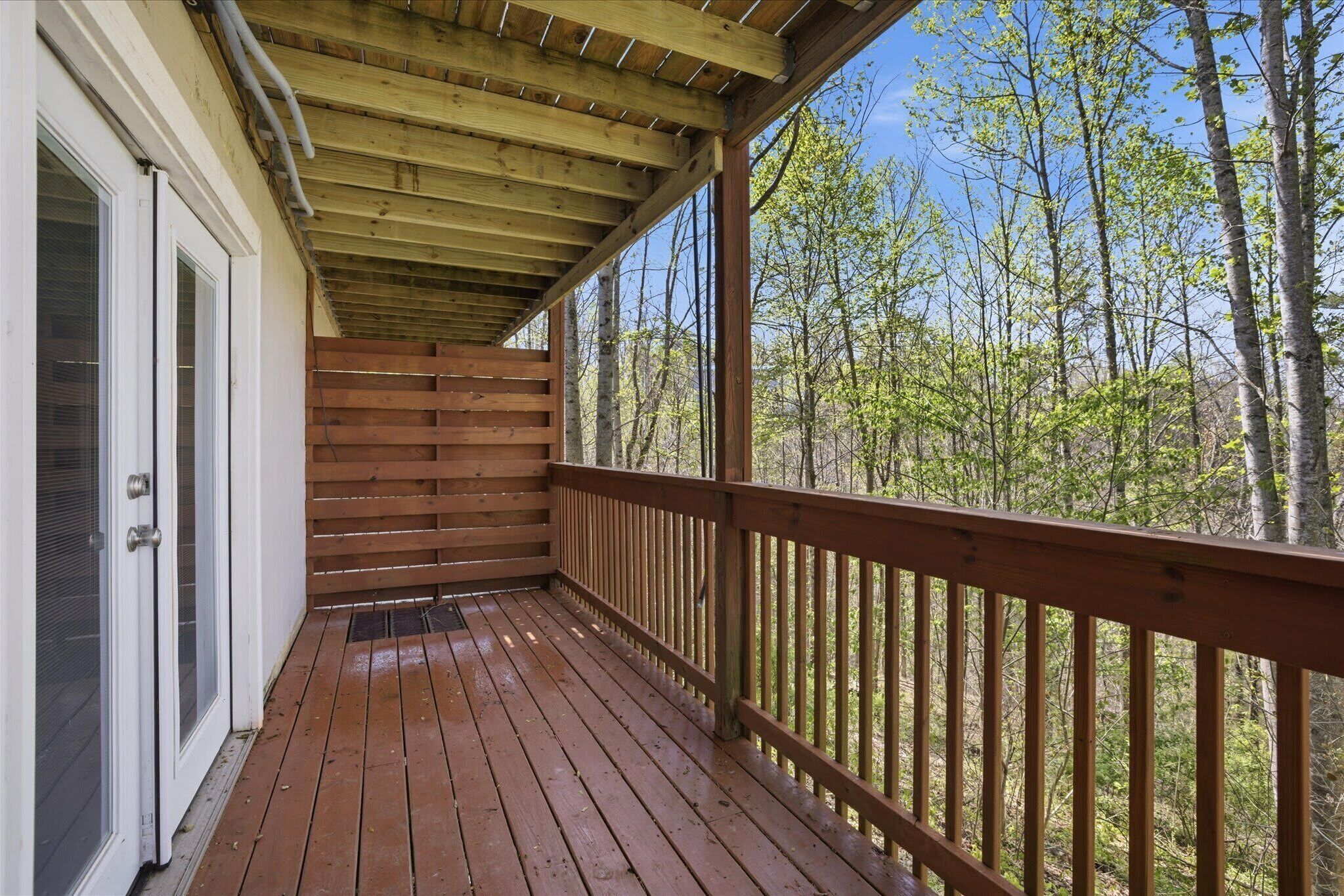 A wooden deck with a railing, a door with a screen, and a view of trees.