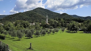 A green field with a tower, trees, and a mountain.