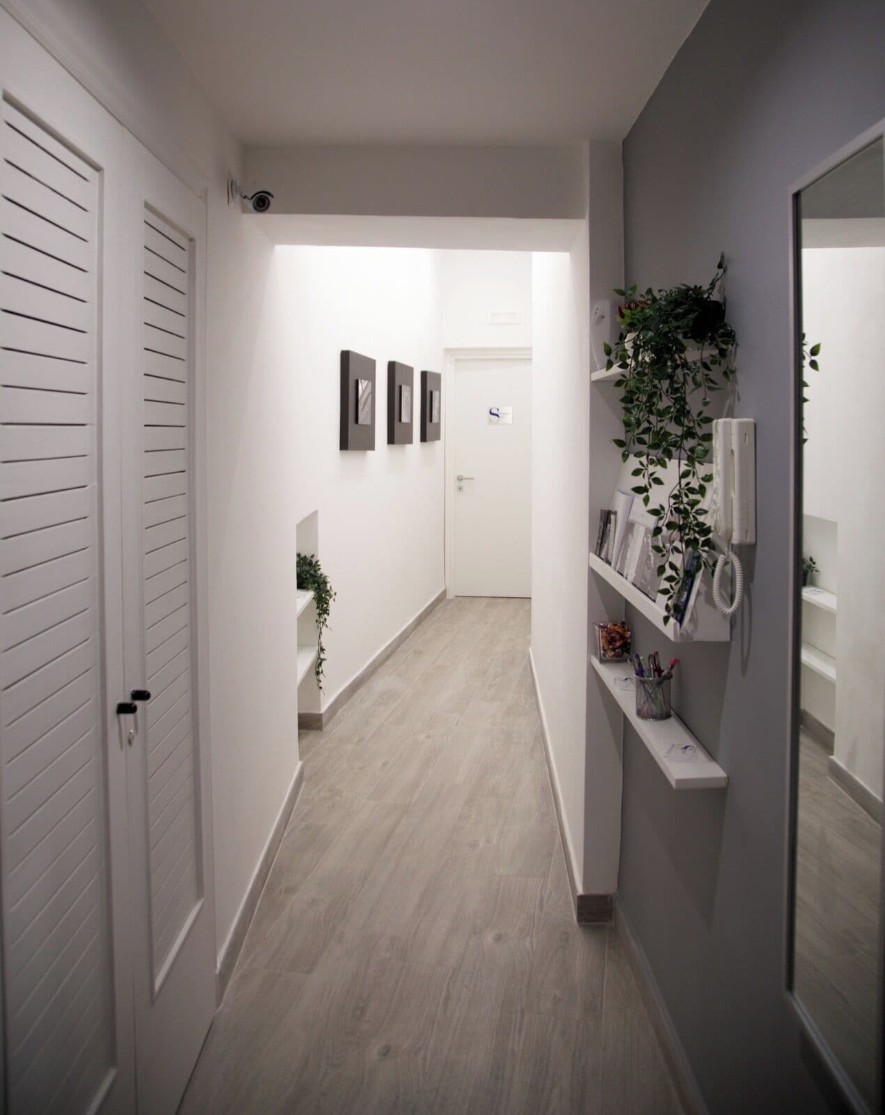 Un pasillo estrecho con paredes blancas, suelo de madera clara y una puerta blanca al final. Se observan tres cuadros enmarcados en la pared, una planta pequeña y una estantería con diversos objetos.