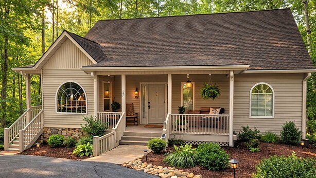 A two-story house with a front porch, a staircase, and a driveway.