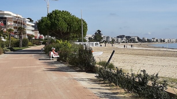 Um calçadão costeiro com um passeio pavimentado, uma trilha arborizada e uma praia ao fundo.