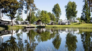 Un camping paisible où des camping-cars sont stationnés au bord d’un lac tranquille, entouré de grands arbres et sous un ciel dégagé.