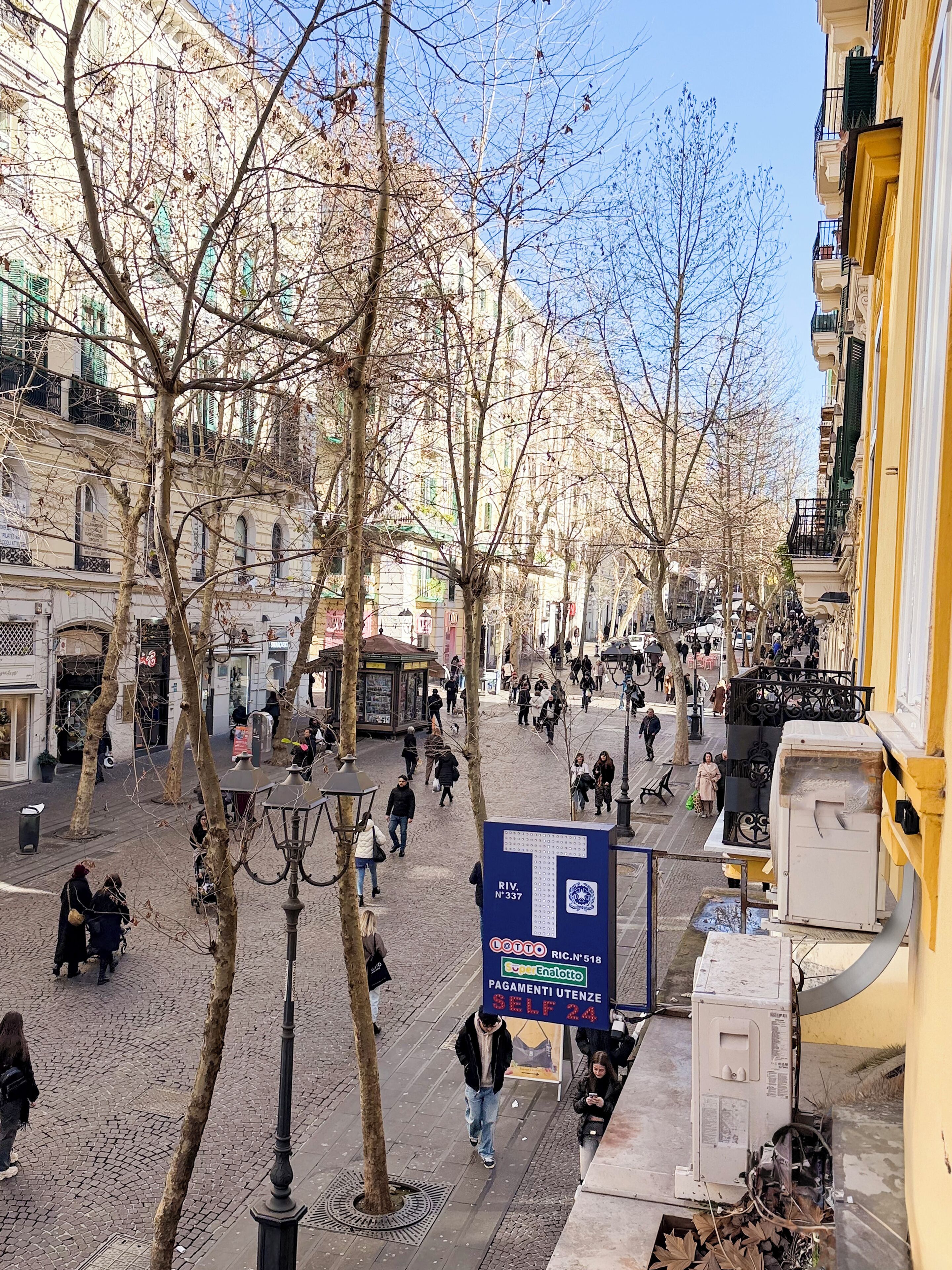 A cobblestone street lined with trees and buildings, featuring a blue sign with text and a logo.