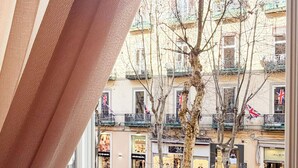 Une vue depuis une fenêtre, à travers un rideau, donnant sur une rue bordée d’immeubles, avec un arbre et quelques piétons.