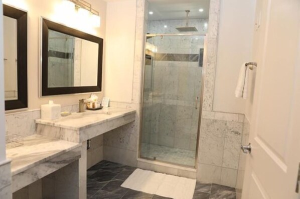 Shower, hair dryer, bidet, towels