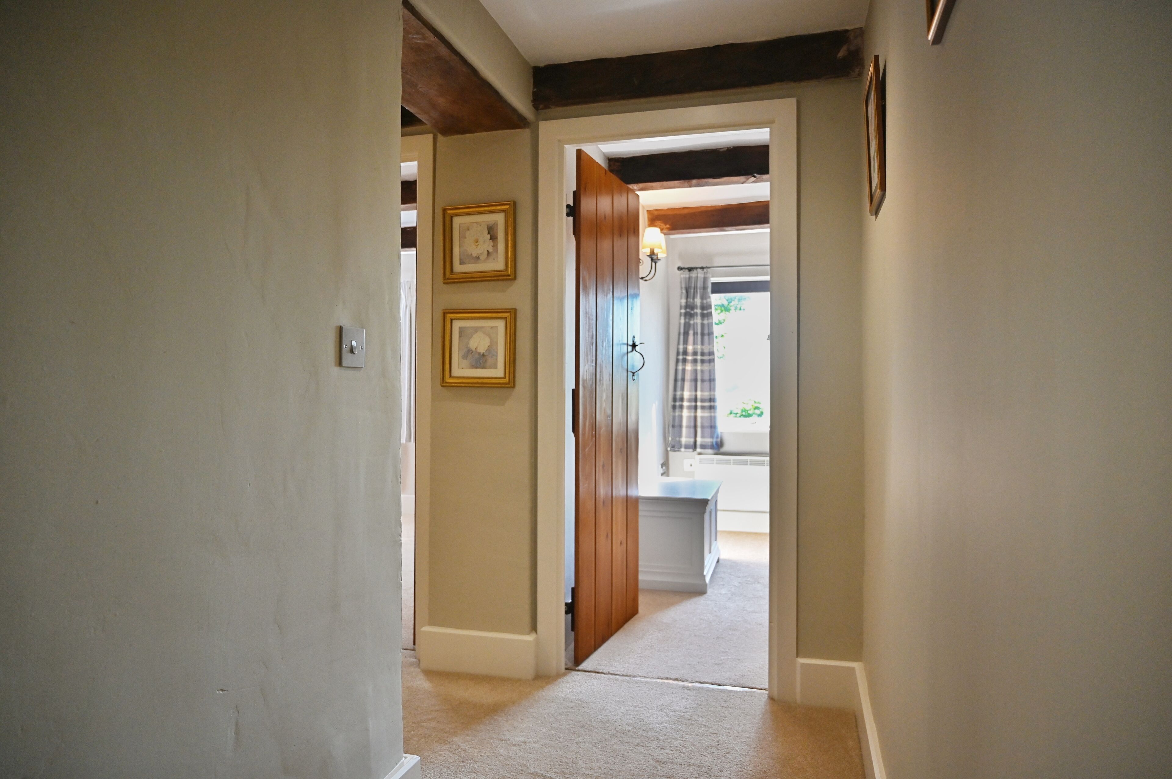 A hallway with a wooden door leading to a bathroom with a shower and a toilet. There are two framed pictures on the wall.