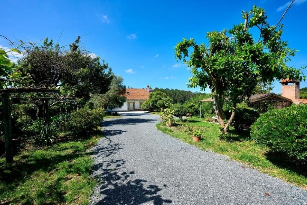 A gravel path leading to a building with a red-tiled roof, surrounded by lush greenery and trees.