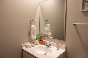 Un bagno con un lavandino bianco, uno specchio e un porta asciugamani.