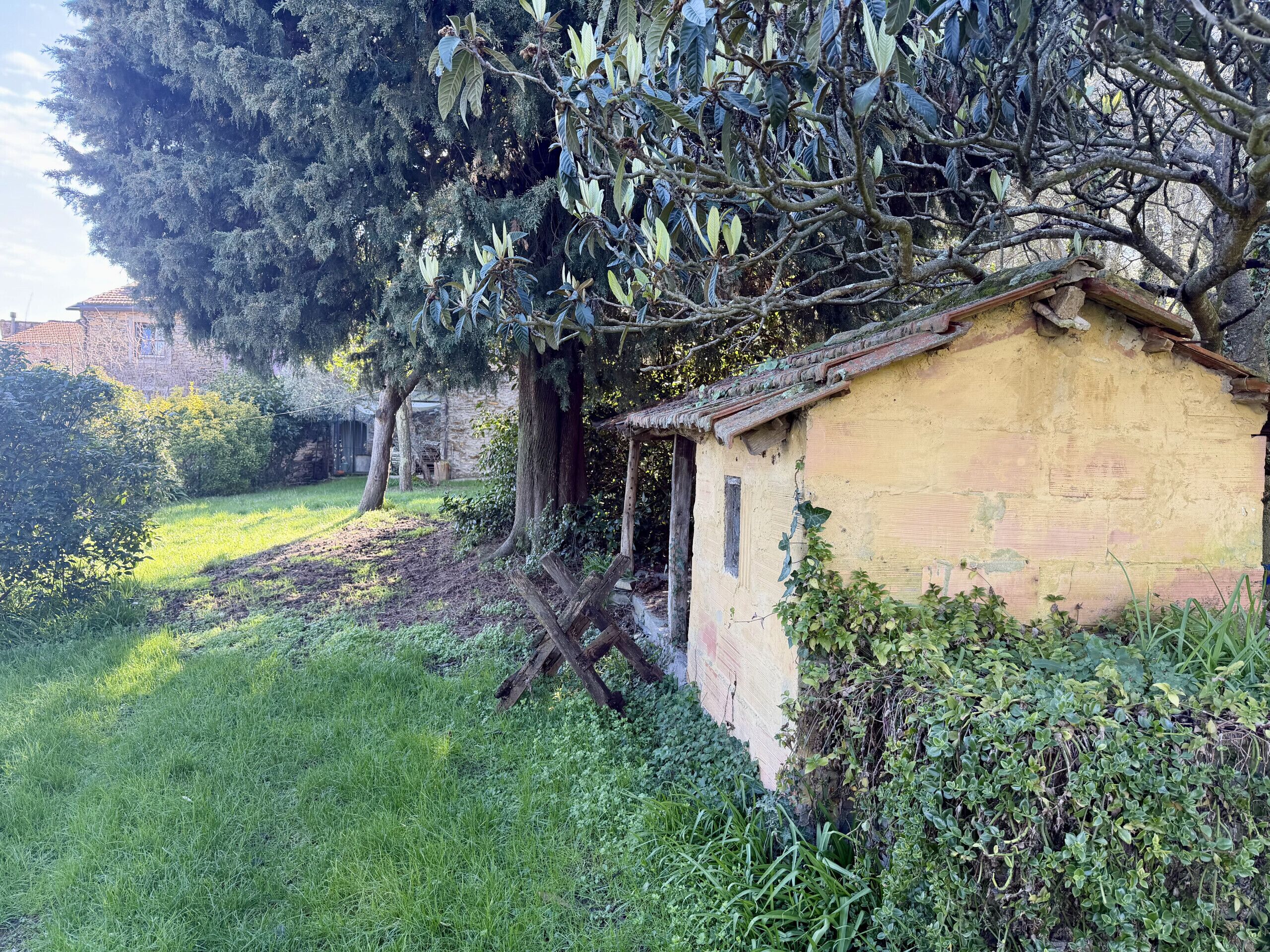 A rustic building with a sloped roof, surrounded by lush greenery and trees.