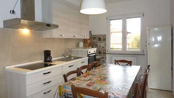 Een koelkast, een oven, een kookplaat, een vaatwasser