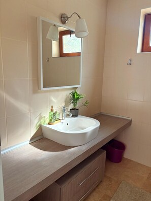 Sèche-cheveux, serviettes fournies, savon, papier toilette