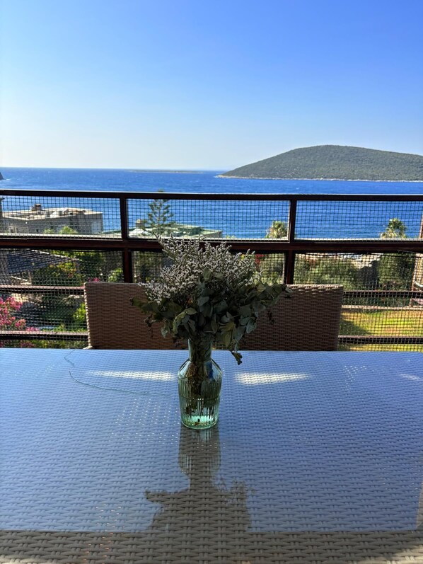 A table with a glass vase of flowers, a view of the sea, and a distant hill.