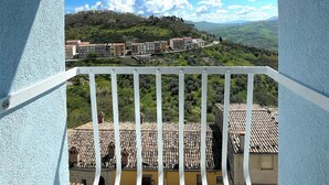 A balcony with a view of terracotta-roofed buildings and a distant village.