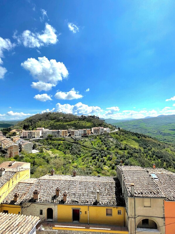 A town with terracotta-roofed buildings, a hilltop church, and a valley view. - Casa Vacanze Magnolia 42 - Calitri (Calitri)