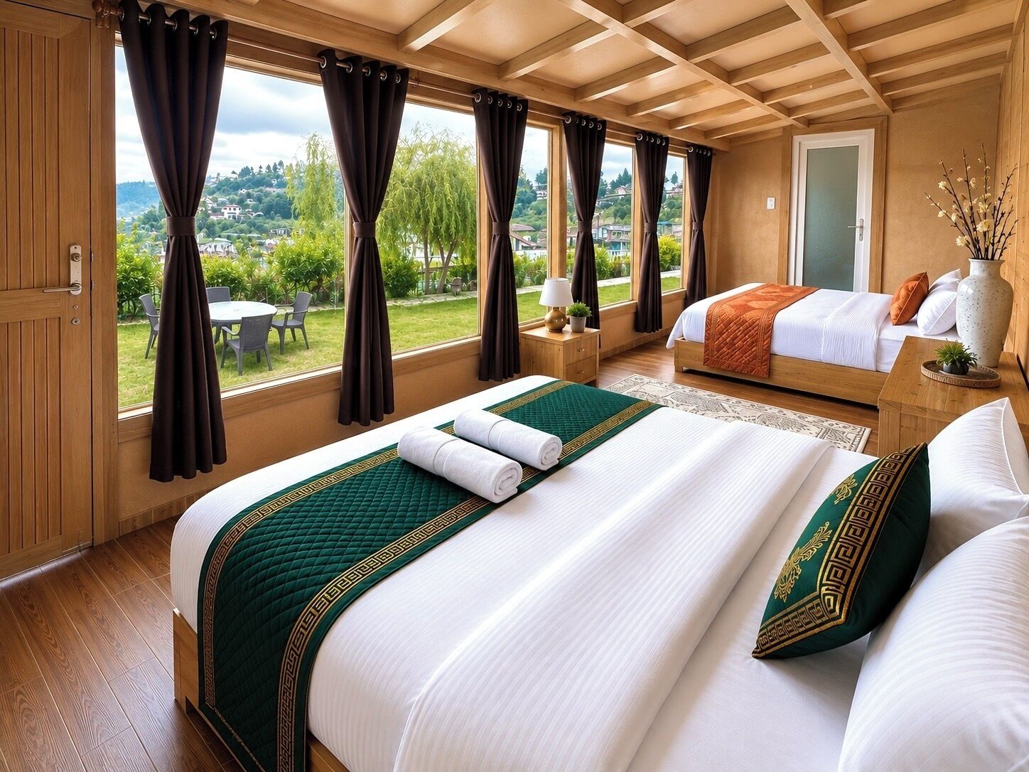 A hotel room with a large bed, a smaller bed, a view of the outdoors, and a wooden ceiling.