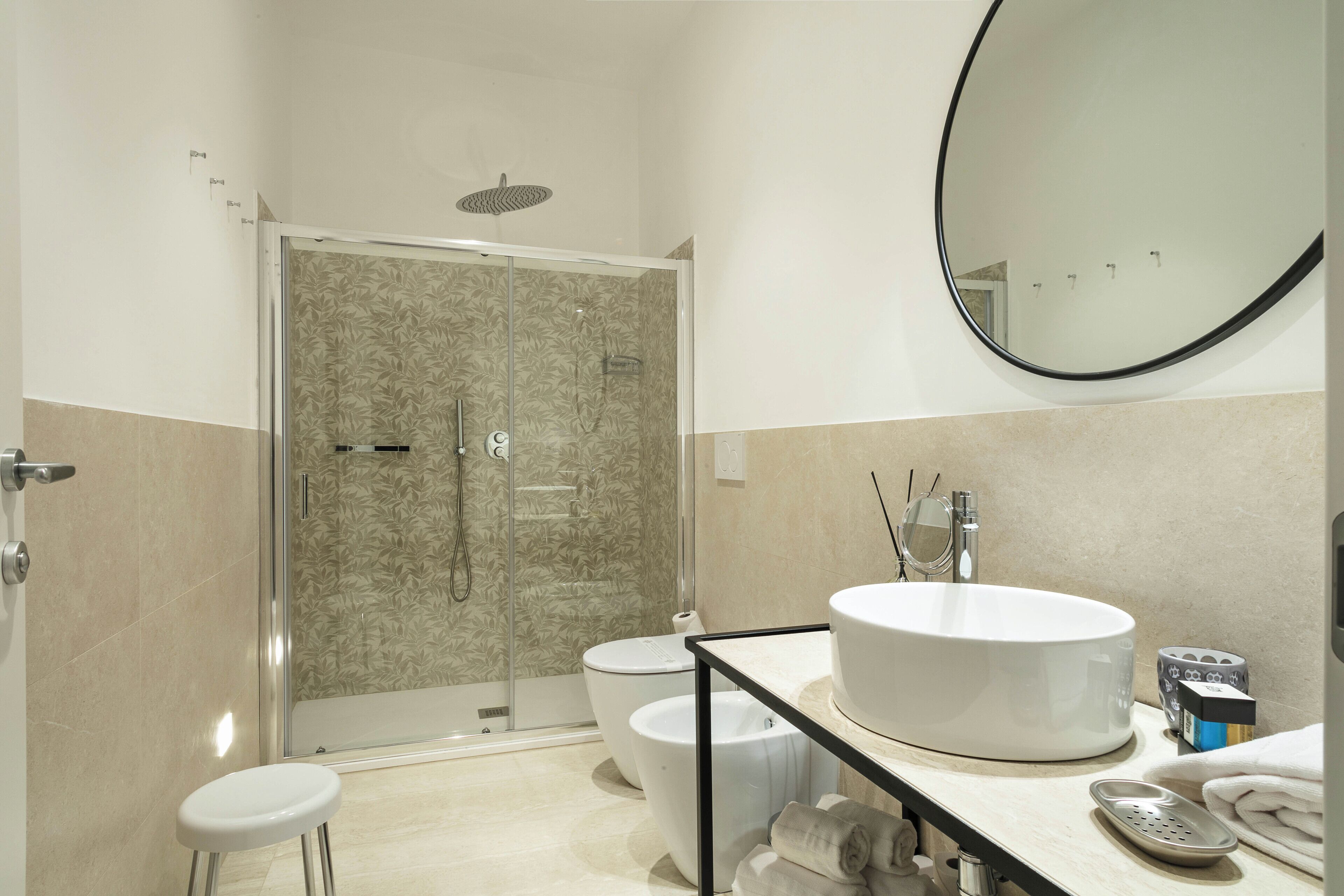 Shower, hair dryer, bidet, towels