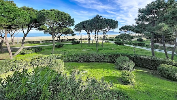 A landscaped garden with neatly trimmed hedges and trees, a pathway, and a view of the beach.