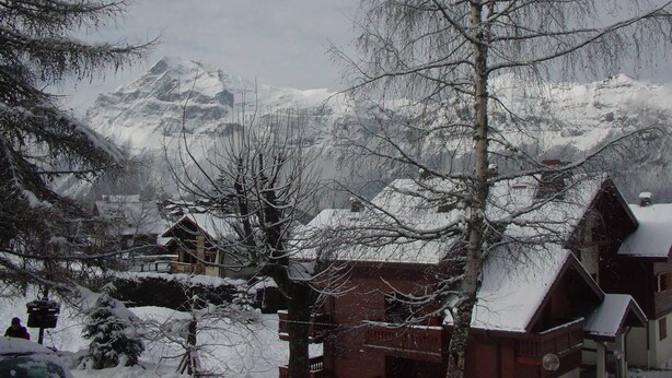 Een besneeuwd dorpje met traditionele houten huizen, een berg op de achtergrond en kale bomen.