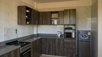 Deluxe appartement, uitzicht op stad | Privékeuken | Een koelkast, een magnetron, kookgerei, borden en bestek