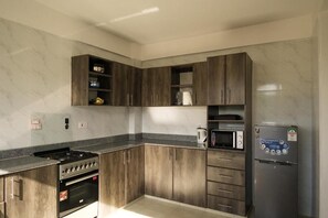 Deluxe Apartment, City View | Private kitchen | Fridge, microwave, electric kettle, cookware/dishes/utensils