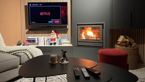 Un salon chaleureux avec un téléviseur à écran plat diffusant Netflix, une cheminée, un jouet en peluche et une pile de livres.