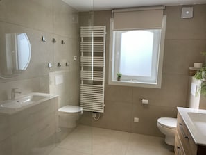 Shower, hair dryer, towels, soap