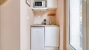 A compact kitchenette with a microwave, a small sink, and a dishwasher. - Confortable 3 pièces avec climatisation (Paris)