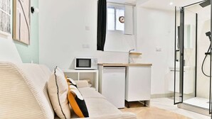 Une pièce moderne et bien éclairée, comprenant un canapé, un petit coin cuisine, une douche en verre et une fenêtre avec un rideau.