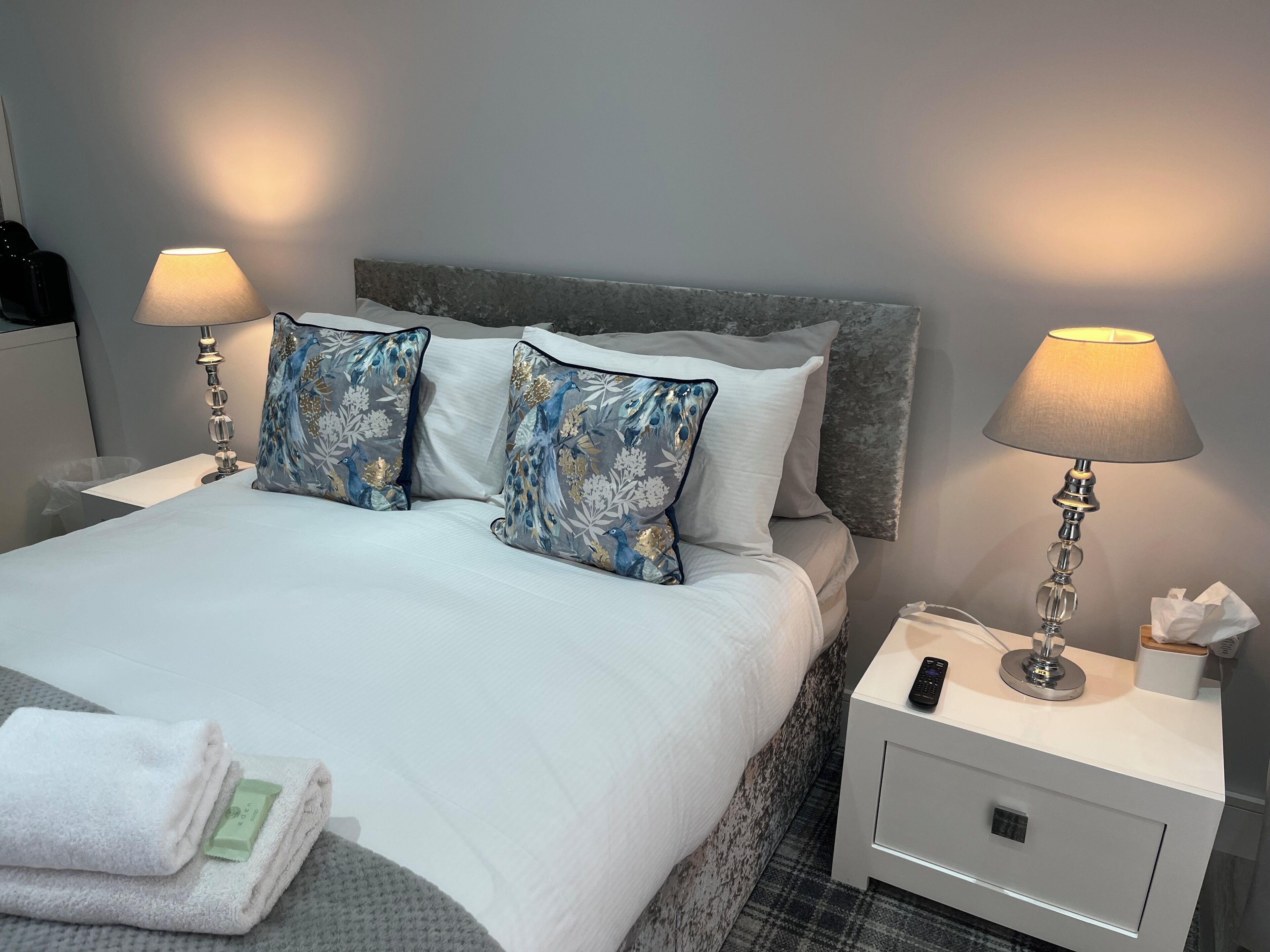 A neatly made bed with two decorative pillows, a bedside lamp, a remote control, and a tissue box on a nightstand.