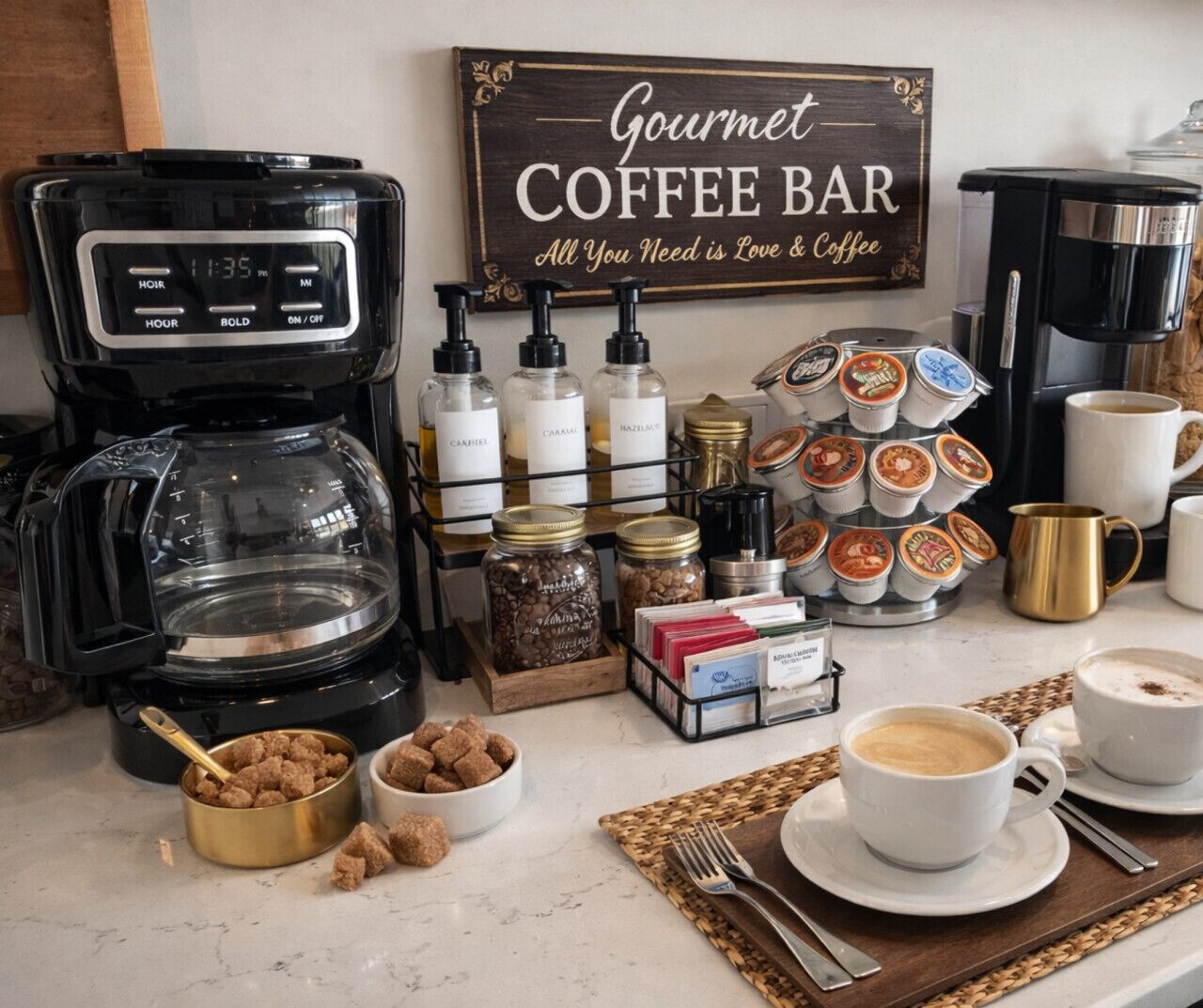 A coffee bar setup with a coffee maker, jars of condiments, and a sign that reads "Gourmet Coffee Bar."
