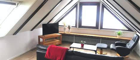 A modern loft bedroom with a sloped ceiling, a wooden TV stand, a black leather sofa, a red throw, a small table with a plant, and a black armchair.