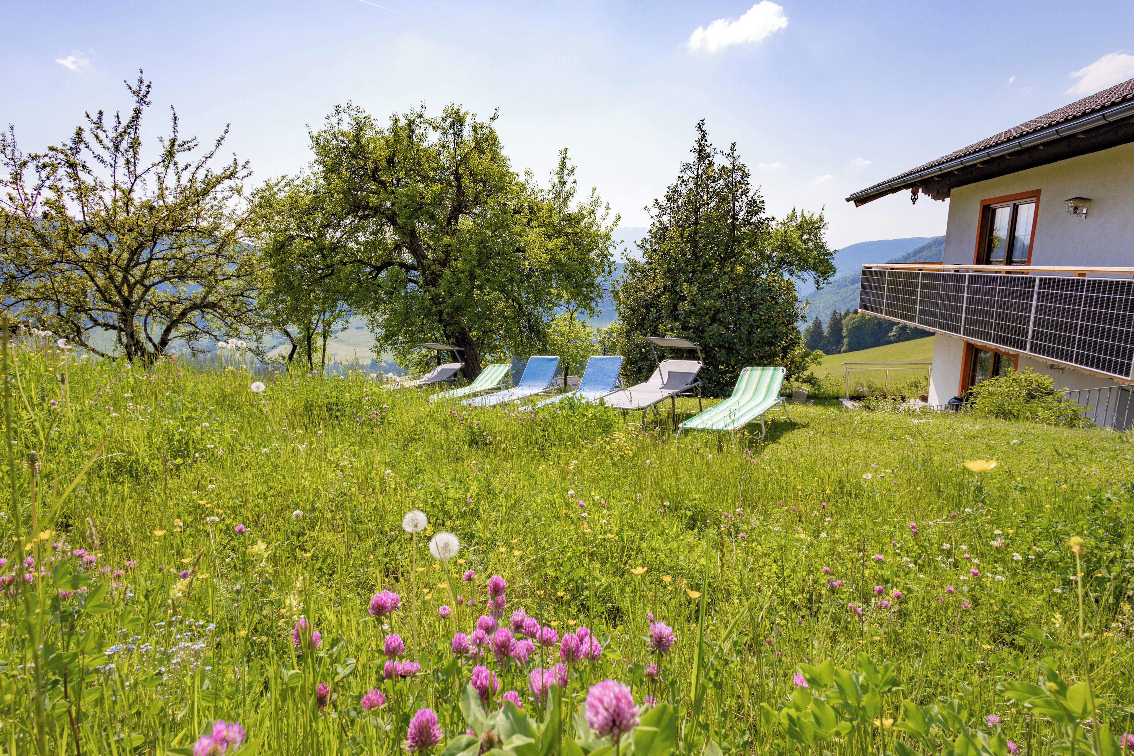 A house with a balcony overlooking a grassy field with flowers and trees.