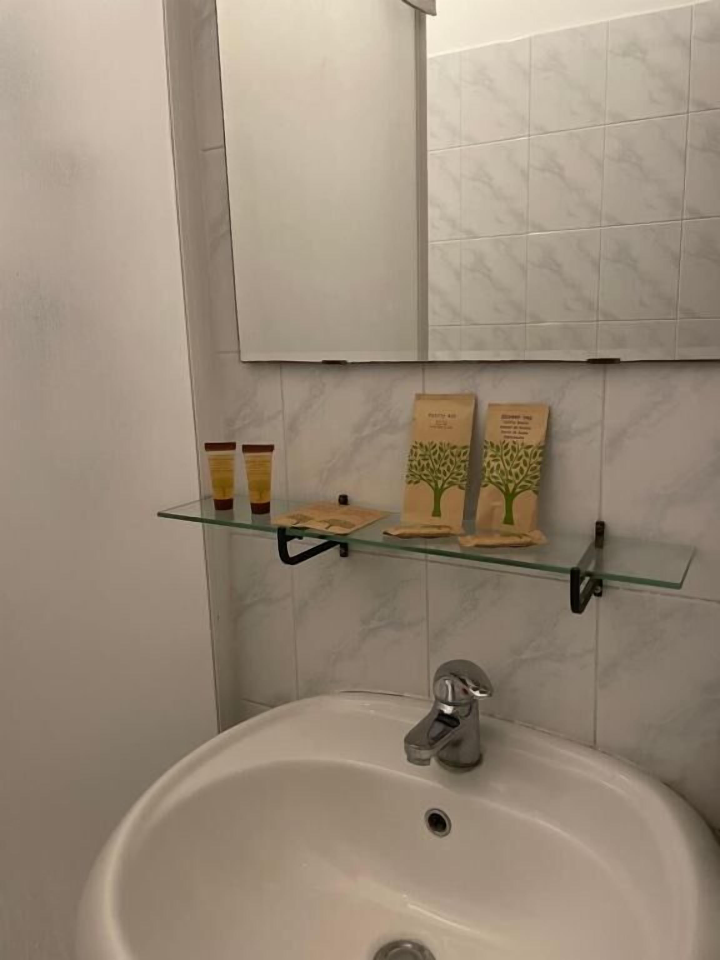 A bathroom with a white sink, a mirror above it, and two shelves with toiletries.