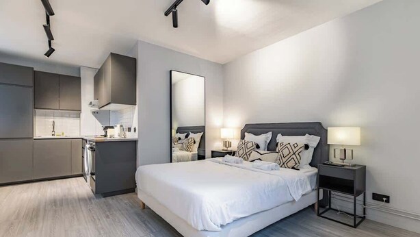 A modern bedroom with a large bed, a bedside table with a lamp, a small bedside table with a lamp, and a built-in wardrobe. - Studio Lumineux au Cœur de Paris Centre (Paris)