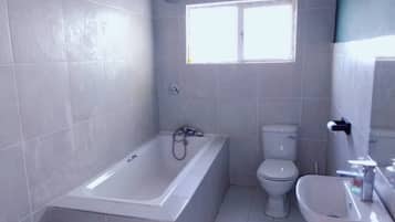 Shower, towels, soap, toilet paper