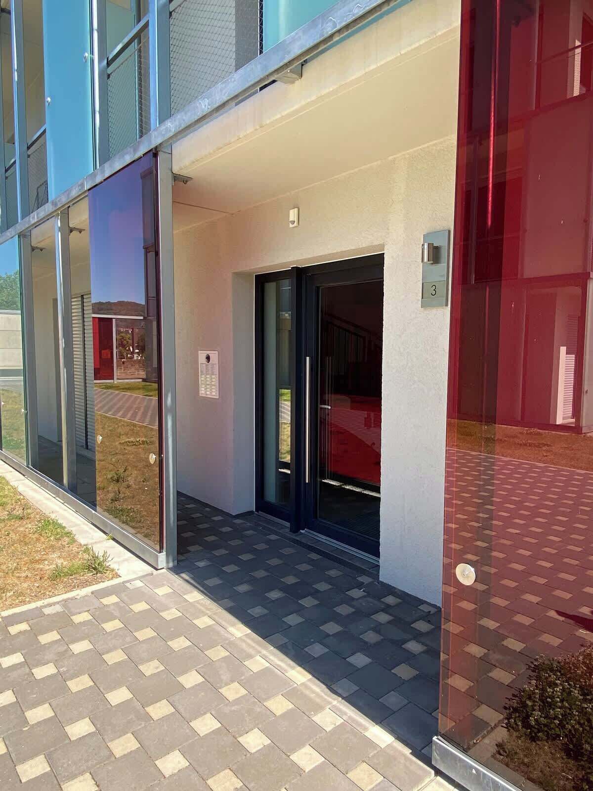 Une entrée moderne, avec des portes en verre et un chemin piétonnier dallé.