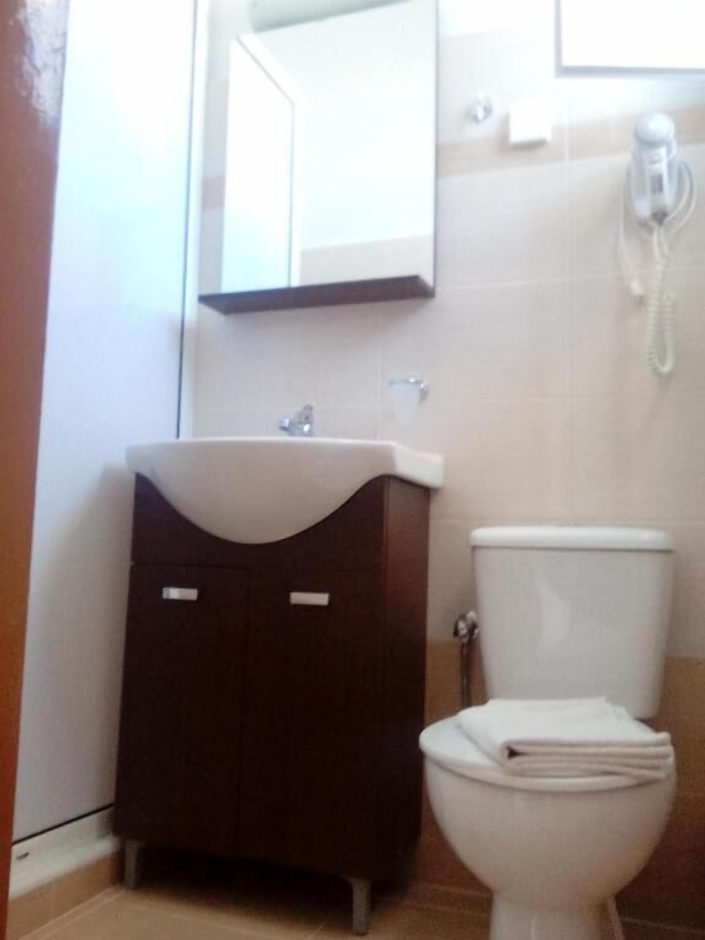 Een badkamer met een wit toilet, een donkerbruin wastafelmeubel en een spiegel boven de wasbak.