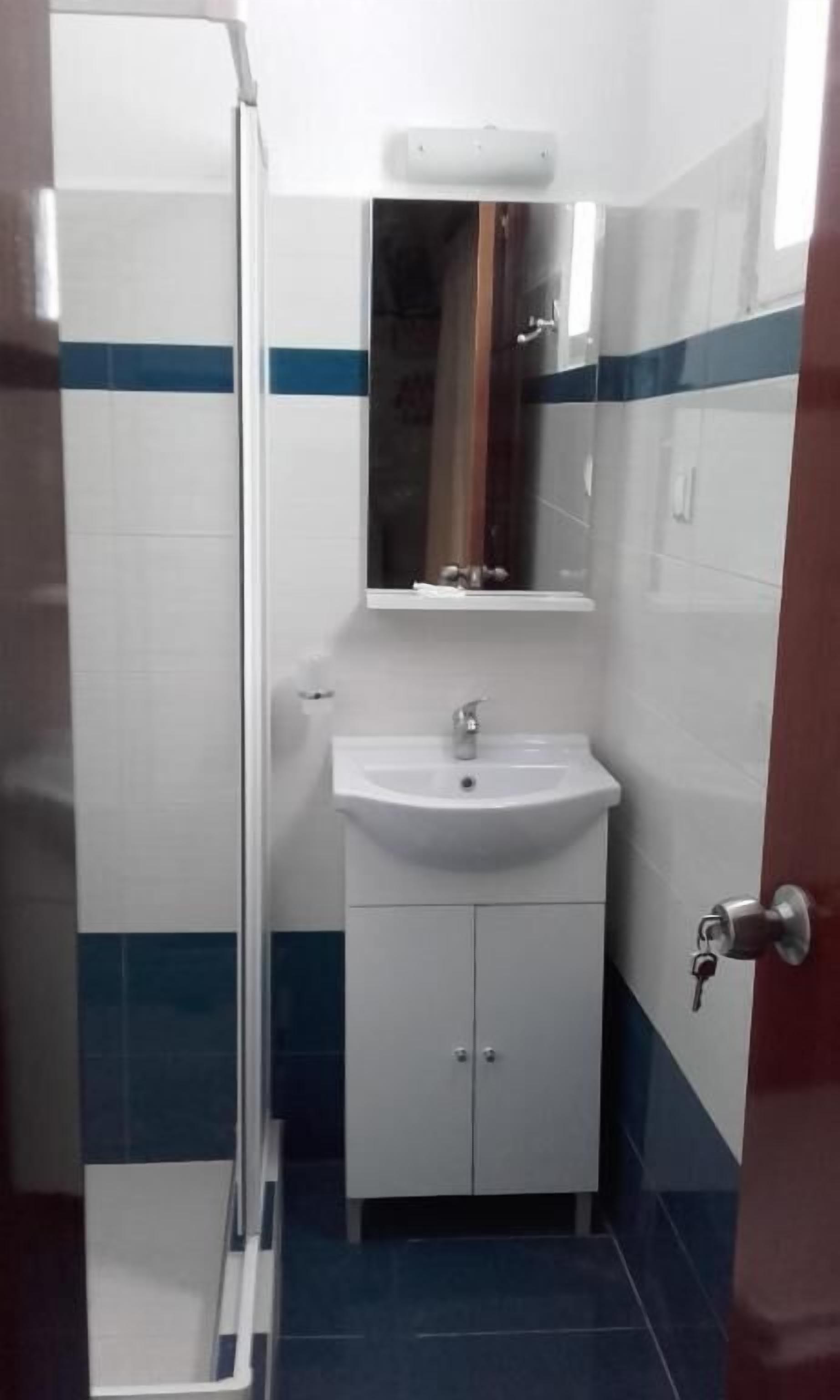 A bathroom with a glass shower enclosure, a white sink, and a mirror above it.