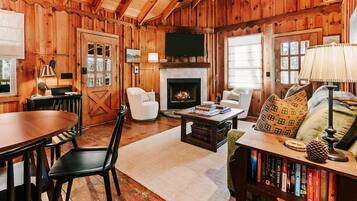 Smart TV, chimenea y libros