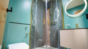 A bathroom with a glass-enclosed shower, a toilet, a sink, and a mirror with a light.