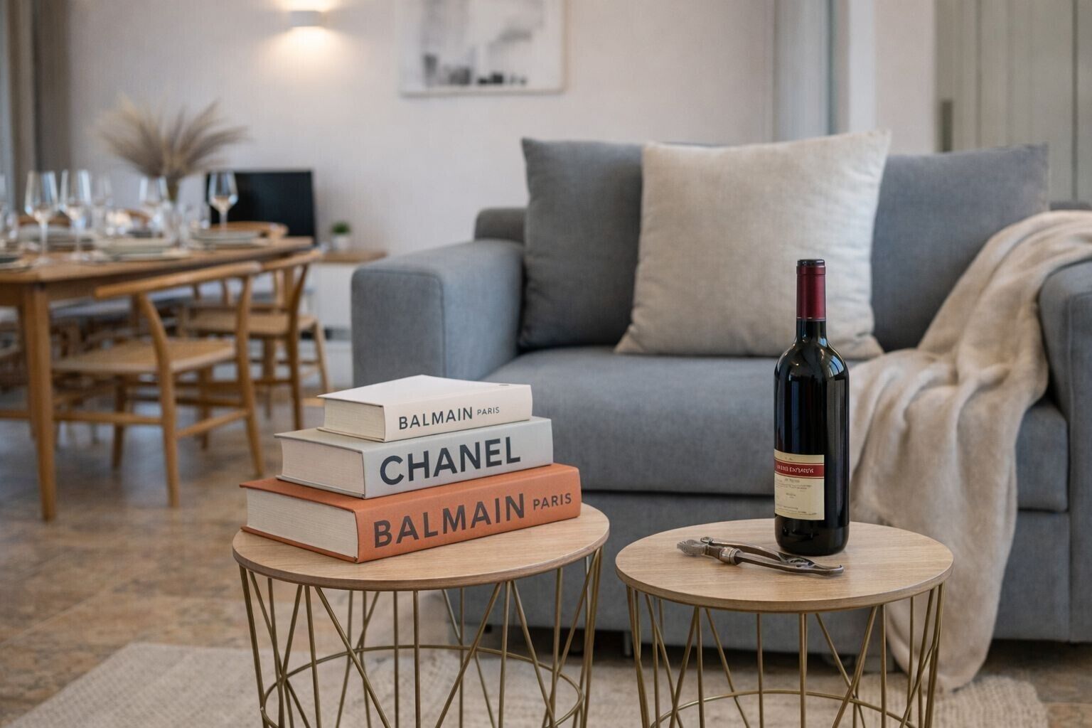 A living room with a sofa, a stack of books, a wine bottle, and a dining area in the background.