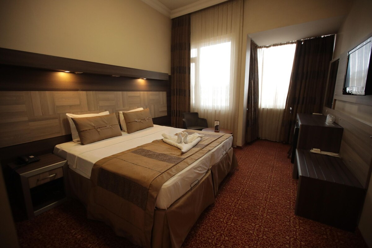 A hotel room with a large bed, a desk, and a television.