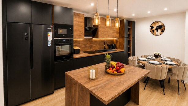 A modern kitchen with black appliances, a wooden island, and a dining area with a round table and chairs. - Apartment Perla (Vir)