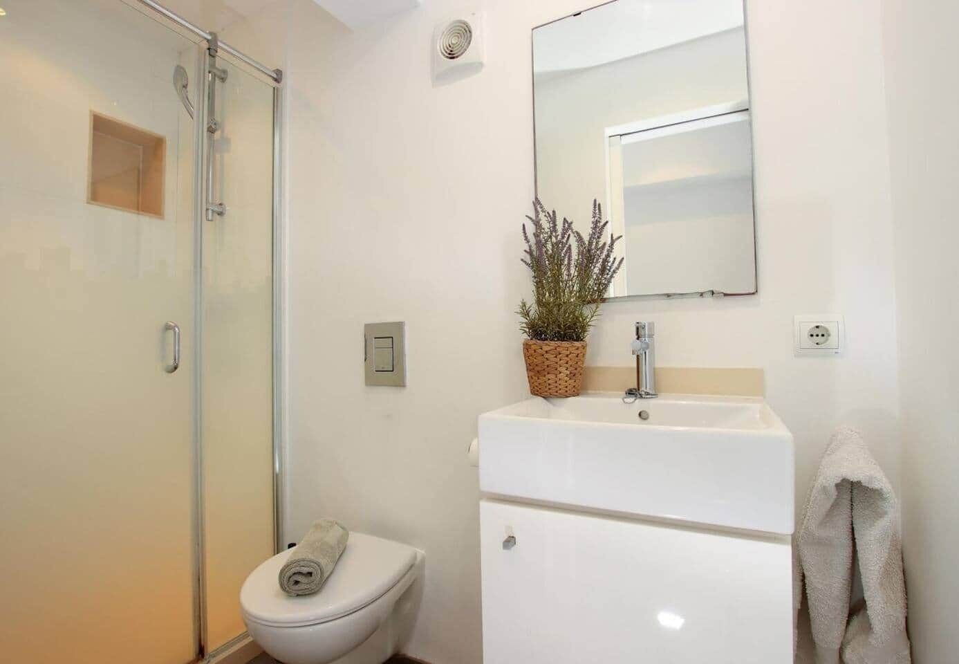 Een moderne badkamer met een glazen douchecabine, een wit wastafelmeubel met een spiegel erboven en een potplant op de wastafel.