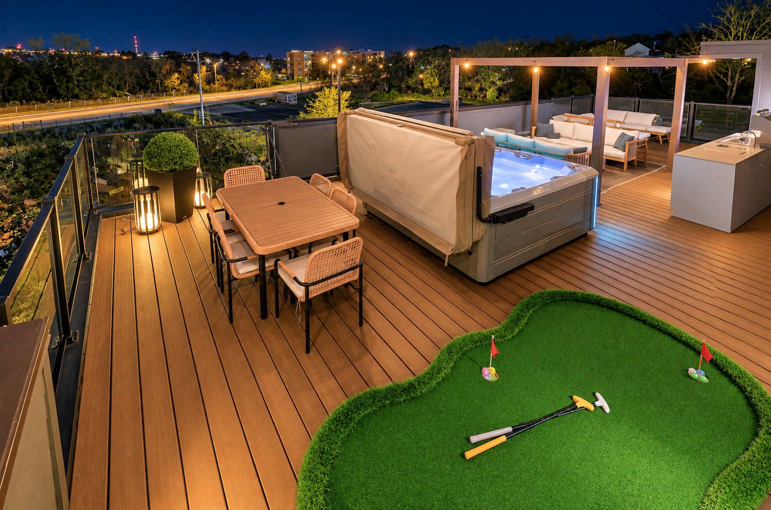 A rooftop deck with a hot tub, outdoor seating, and a miniature golf setup.